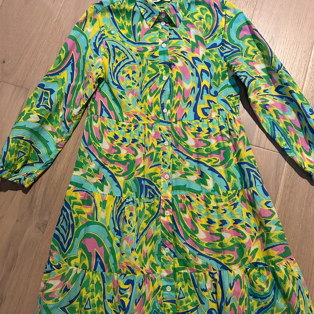 Zara Colorful 100% Cotton Button Down Short Dress Size XS Mod ~ Spring!